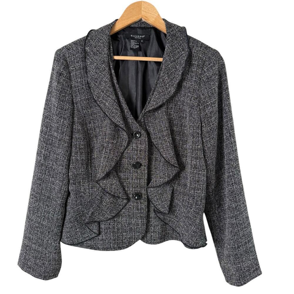 Sandro Sportswear Gray Tweed Blazer Ruffle Front, Size Medium